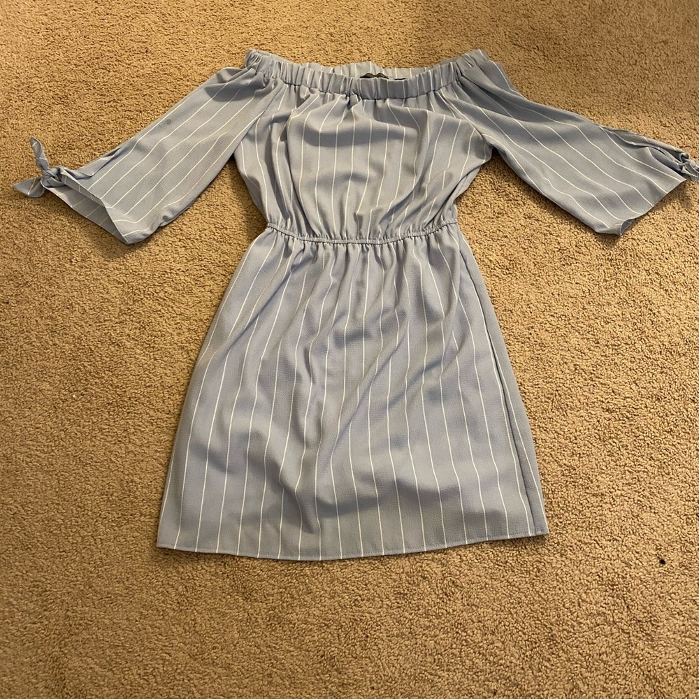 Powder blue and white off the shoulder dress